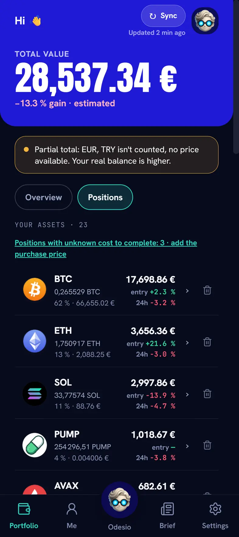 The Odesio app: the total portfolio value, then the list of holdings with their amount and performance.