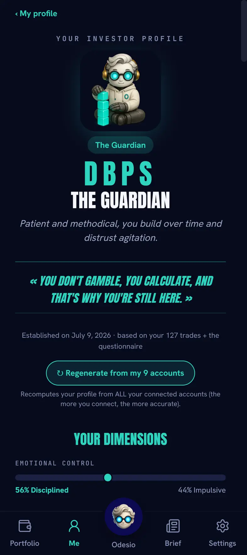 The Odesio app: the investor profile, its four-letter code, its motto and its measured dimensions.